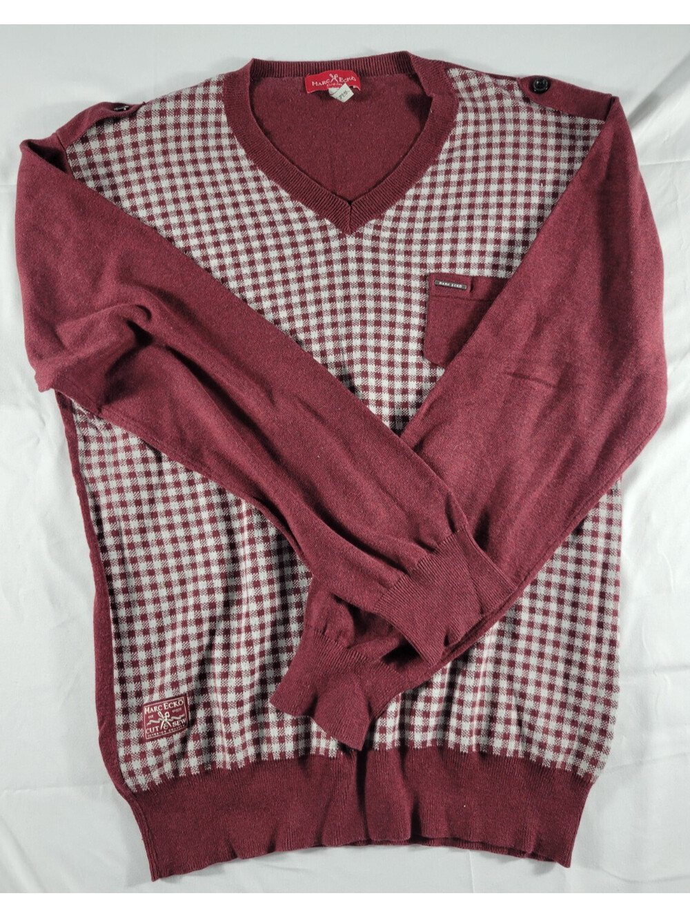 Marc Ecko Cut and Sew Vintage Sweater XL Burgundy Y2K V-Neck Ribbed Trim